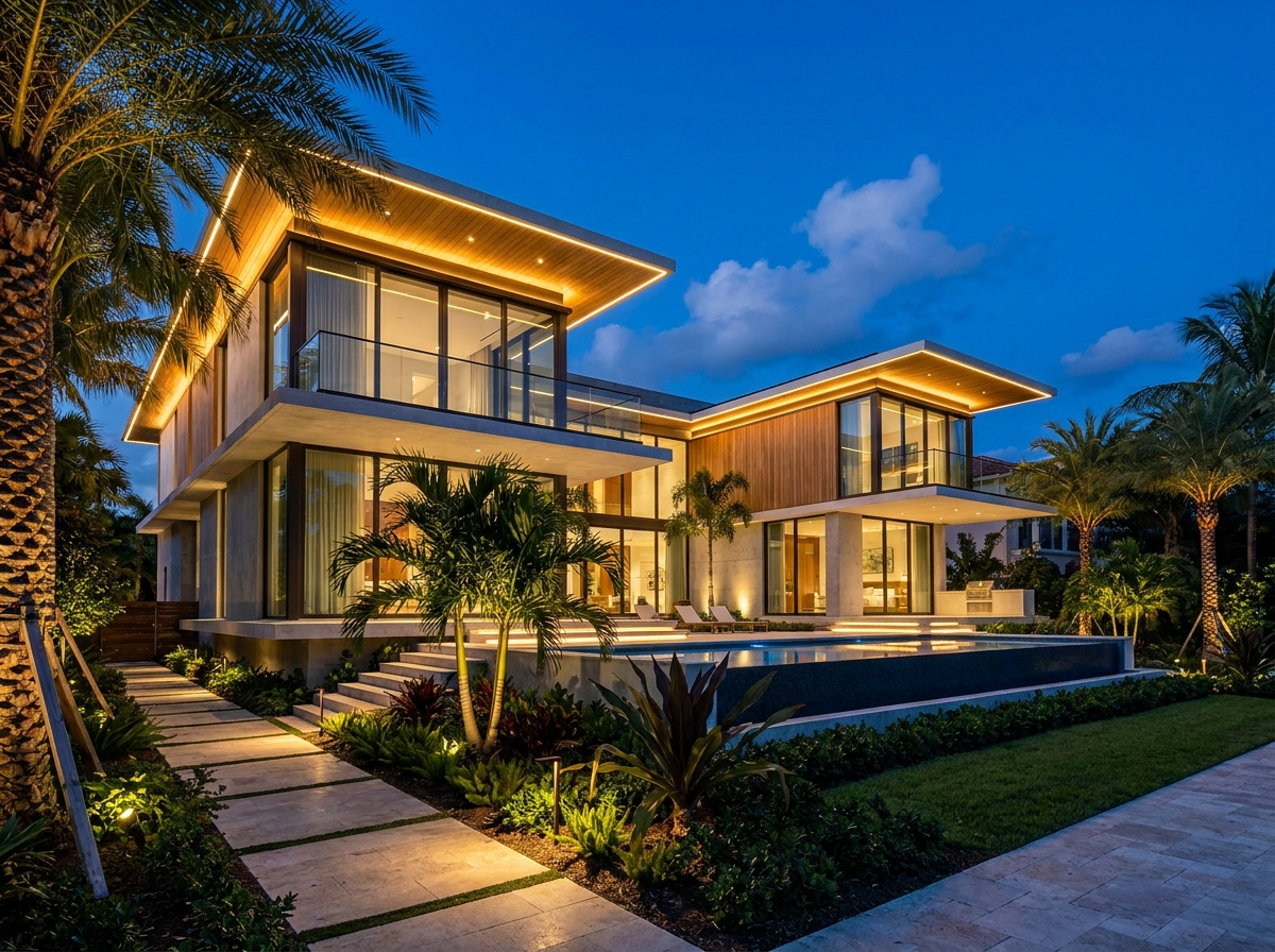 Landscape and architectural lighting on a South Florida home at dusk