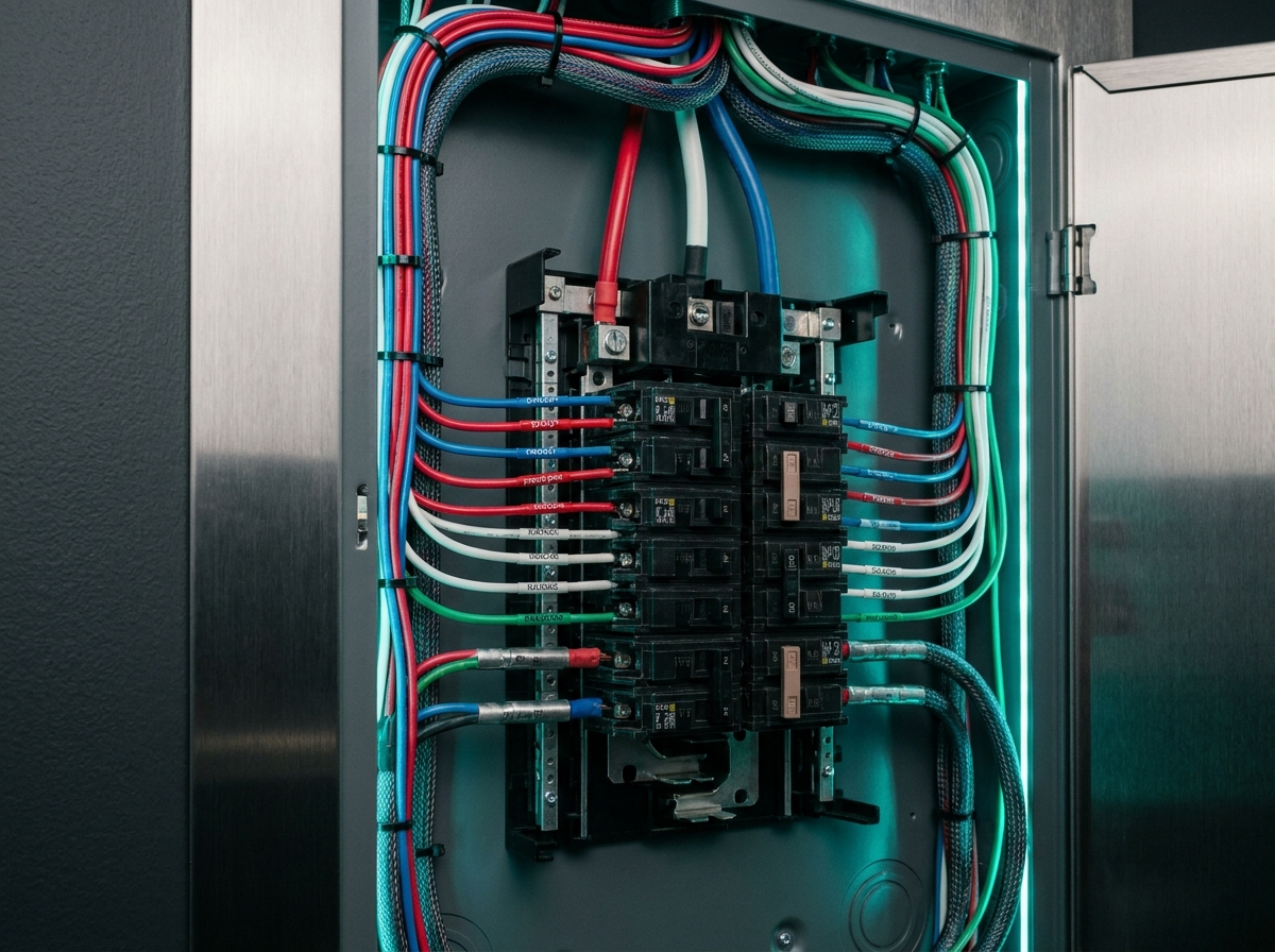 Organized residential electrical panel with neat color-coded wiring
